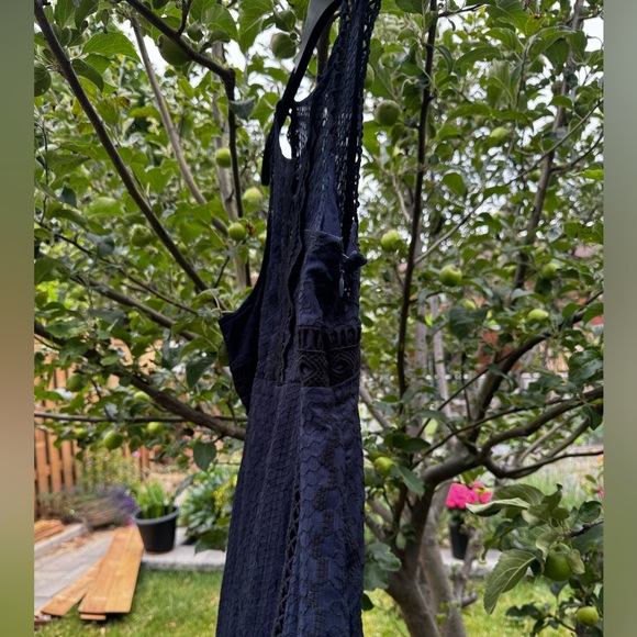 FREE PEOPLE Wherever You Go Black Navy Crochet & Lace Mini Tunic Dress, Sz 12 - Picture 5 of 16